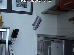 Young lovers get turned on and have sex in the kitchen so kinky chick puts some jam on her man's cock and licks it. Then the guy pulls her over and fucks her on the counter.