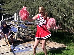 Have fun watching a blonde teen, with a shaved pink pearl wearing a cheerleader uniform, and her mother going hardcore with a steamy fellow.