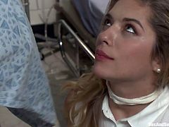 Pete ties up nurse Lia Lor and throws her onto the bed. He takes the ball gag out of her pretty mouth and sticks his hard dick down her throat. He pushes her head down onto her hard cock so she sucks him harder and deeper.