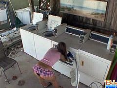 After taking her clothes to the laundry room, this kinky Latina babysitter is ready to misbehave as she takes her clothes off and tries some clean ones.