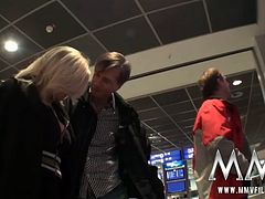 Maria Montana is a busty German whore who has her pussy lips heavily pierced. She meets two guys in the airport and has a hardcore threesome with both of them.