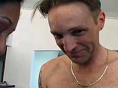 Fine looking black babe with nice booty and boobies kneels down in order to fill her mouth with two fresh juicy dicks. Watch that ebony babe giving double blowjob in threesome.