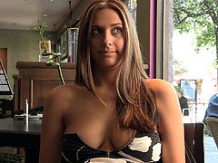 Gorgeous Patricia flashes her boobs in a cafe. This girl goes outside to masturbate. She licks the banana and then starts to drill her hot pussy with it.