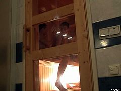Check a cute and slender brunette teen belle getting on all fours before her man pounds her shaved pussy in the sauna. Then he's ready to cum all over her clam.