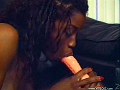 Ebony babe's nailed by a big white cock after playing with herself