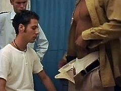 Get a hard dick watching a nice boy who is interrogated by mean officers that make him suck all of their pipes after finger his ass.