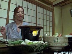 Sizzling Japanese milf is getting naughty with her man indoors. The cutie takes her kimono off and lets the dude to knead her terrific big boobs and play with her pussy.