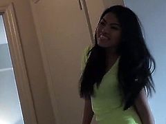Cindy Starfall was teasing her boyfriend while trying on sexy clothes. When she appeared in purple lingerie, her boyfriend couldn't take it anymore and fucked her hard.