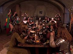 Make sure you get a load of this hardcore scene where the sexy ladies are fucked by a guy on a group sex around a medieval dining table.