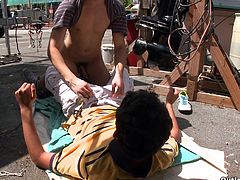 Two handsome men are playing homosexual games in the street. They favour each other with blowjobs and then fuck in cowboy and other positions.