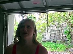 Sexy blonde Roxy Lovette is being persuaded in a good fuck somewhere in the yard, she is very shy but her looks and thoughts show us her real nasty and horny desires in a good fuck