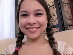 Lovely brunette girl with braided ponytails has got appetizing natural tits. She shows her goodies for camera in exciting My XXX Pass porn vid.