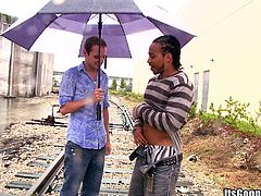 Have a blast watching this black dude, with a titanic dick, while he hangs out in the rain outdoors before going extremely hardcore.