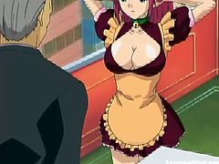 Enjoy this anime video where a babe, with big knockers wearing her maid uniform, goes hardcore with a dirty fellow in an anime video.