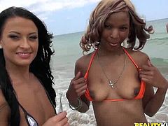 Hell seductive brunette model poses for camera wearing outright bikini that covers anything. Basically she is naked. It looks super hot. After a while ebony girl also shows her tits and ass for camera.