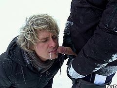 Watch this gay scene where these guys have sex out on the snow where everyone might see them with mouthfuls of semen.