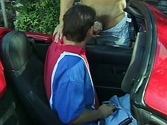 A guy gives a blowjob to another one sitting in his cabriolet. Then they go home and have a wild anal sex there.