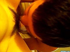 Shameless Korean tootsie with tiny titties rested in bed with legs spread apart and took great pleasure watching her horny husband licking her smelly hairy kitty passionately. Have a look at that awesome sex in All Of Gfs porn video!