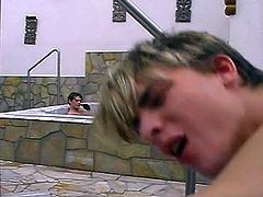 Two young, athletic and ripped guys get naked in an outdoor jacuzzi as they suck and fuck hard in this tube video.