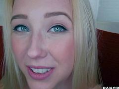 Samantha Rone is a 18 year old cutie with long blond hair, beautiful blue eyes and lovely small boobs. She strips down to her tiny thong panties and then puts her lips on dick. Watch inexperienced young girl give blowjob.