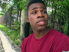 Have fun watching this ebony guy, with a nice butt and juicy lips, while he goes hardcore with a fellow outdoors, in the middle of the street.