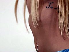 Smiling blonde with beautiful ass digs her playful fingers in her juicy slit. She stimulates her clit and then gives deepthroat blowjob on a pov camera.