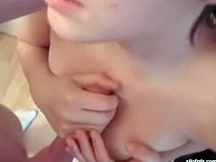 Sizzling brownhead girl sucks big dick balls deep while her BF films her from POV. She then squeezes his dick between her tits performing stout titjob.