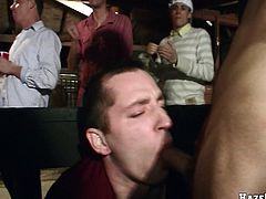 Many poofters are having a party in a bar. They have fun and then one of the gays shows his cock-sucking skills to all the other dudes and lets them drill his asshole doggy style.