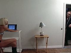 Skinny and hot light haired bitch with nice ass wanks the guy's dick. Have a look at this chick in steamy Fame Digital sex video.