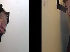 Watch this horny gay hunk sucking a guy's thick cock through a gloryhole while the guys getting blown thinks he's getting head from a babe.