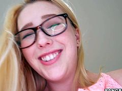 Teen blonde Samantha Rone is one naughty bookworm that shows her naughty bits with no shame. Cutie gets her clean pink pussy fingered before guy fucks her mouth from your POV. Watch four-eyed kitty have fun.