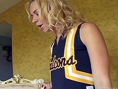 Mean cheerleader babe with cute face and gorgeous ass punishes her unfaithful boyfriend by busting his balls with her gorgeous feet. Curvy teen punches dude's nutsack and he screams with pain and pleasure...