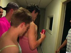 This group of frat house pledges is forced to dress up with some sexy girly lingerie and they end up sucking their big hard cocks.