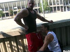 Take a look at these two horny dudes as they fuck outdoors. They don't care if someone sees them because they are so aroused and won't stop until they cum hard.