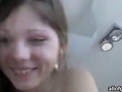 Sweet looking brunette teen gets her pussy fucked doggy style. She blows big cock and dude jizzes on her cute smiling face after steamy blowjob session.