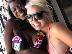 Be part of this backstage video where an ebony cougar and a blond chick, with nice butts wearing bikinis, act naughty just to play with you.