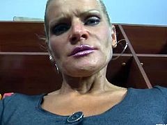 Make sure you don't miss this horny femdom mature having some fun with a young twink. She wants to teach him a lesson and sticks the huge toy up his asshole.