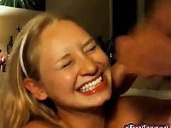 Blonde teen cam babe gets facial on live cam from bf