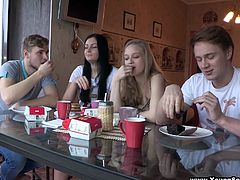 These two couples got together for dinner. Once they had finished eating the clothes came off and they fucked like crazy on the floor.