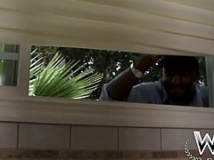 Young babe takes shower when mailman comes in. She gets hony as fuck, pulls down his pants and passionately blows his big cock.
