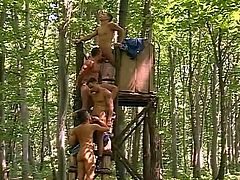 Forest hunters enjoy an extremely hot gay group sex by fucking each other and sucking each other's arrows.
