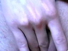 Playful girl with appetizing natural tits is playing with herself in homemade masturbation video. She fingers her coochie passionately. Then she pokes her snatch with big dildo.