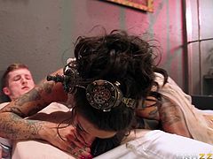 Beautiful tattooed babe Bonnie Rotten wears her sexy black stockings as she gets a hard ass fuck and a big cumshot in her mouth.