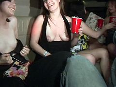 This drunk babes get a little too wild in the limo and start flashing their big juicy boobs and their yummy round asses.