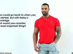 Calvin is a super hot muscled hunk and he is in the middle of a photoshoot. Watch as he pulls his meaty cock out then strokes it like a real champ for big cumshot.