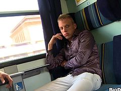 Remarkable white ass gay enters a train before being given a excellent blowjob and get ravished hardcore by the window side