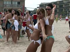 A huge crowd of people are having a praty at a beach. The girls, wearing sexy bikinis dance and shake their butts. Must-see action.