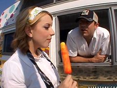 Pretty teen Lexi Belle seduces ice cream vendor and shows off him her big boobies