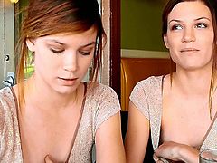 Brunette cuties Raylene and Romi are lesbian lovers. They give an interview at a cafe and make out passionately in the end.