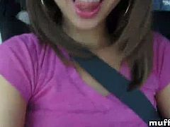 Watch this hot teeny Riley Raid filming herself in the front seat of the car while her boyfriend drives around. This hot teen likes to flash her tits and teases her boyfriend. Enjoy!